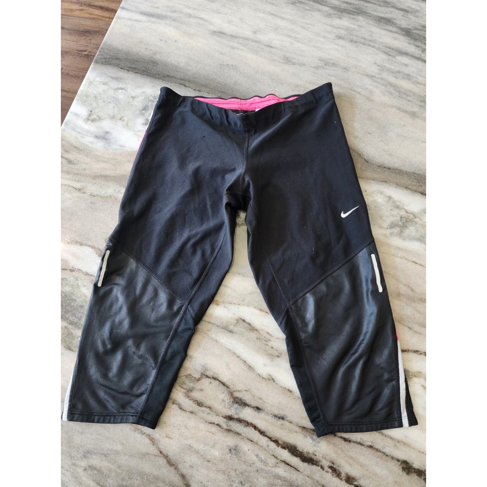 Nike Dri-FIT Womens Black Pink Reflective Running Cropped Capri Leggings Size M